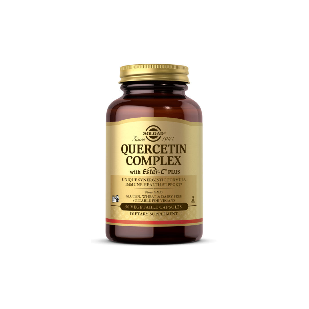 SolgarComplejo de Quercetina con Ester-C Plus - 50 cápsulas vegetales. Este suplemento dietético favorece la salud inmunitaria y contiene vitamina C.