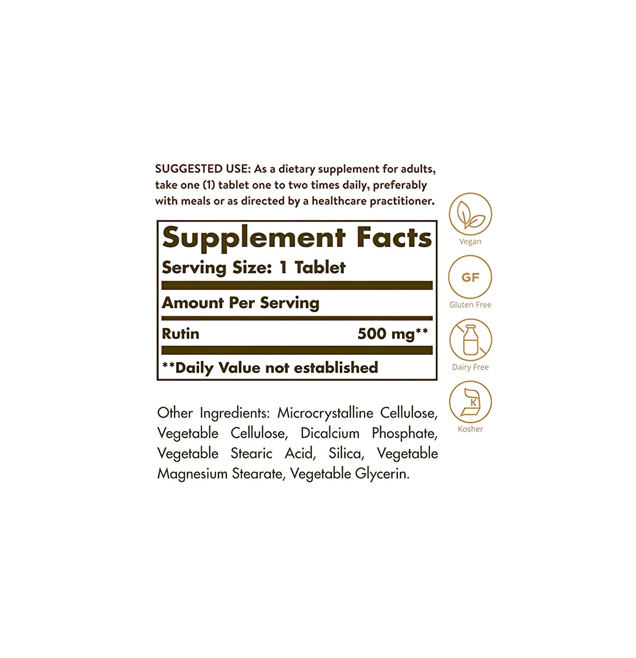 Una etiqueta de Solgar que muestra los ingredientes de un suplemento, en particular Rutina 500 mg 100 Comprimidos, conocida por sus efectos positivos sobre los vasos sanguíneos.