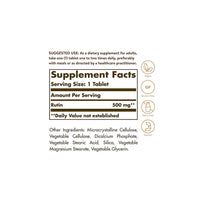 Miniatura de Una etiqueta de Solgar que muestra los ingredientes de un suplemento, en particular Rutina 500 mg 100 Comprimidos, conocida por sus efectos positivos sobre los vasos sanguíneos.