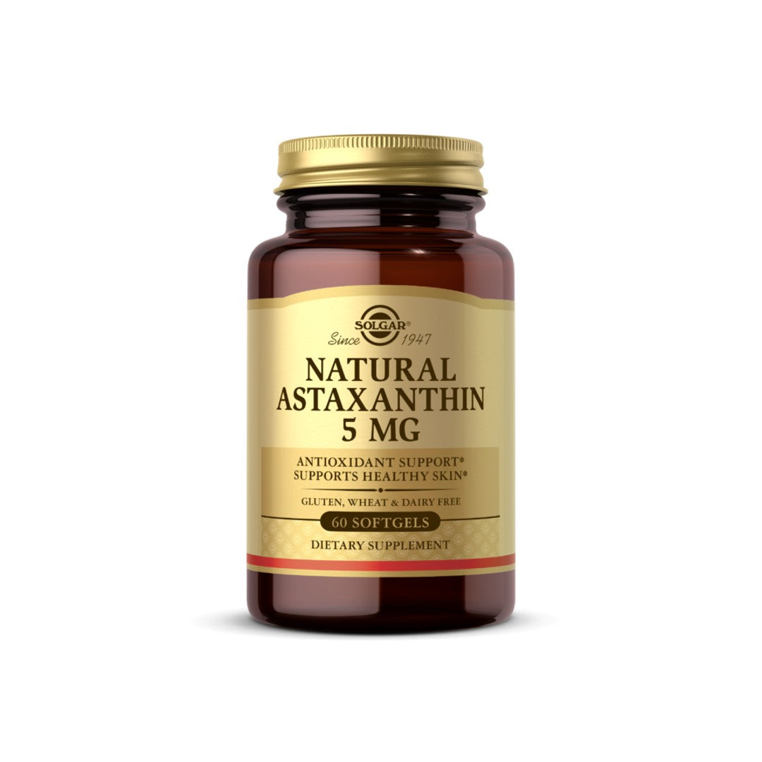 Un potente suplemento antioxidante para el cuidado de la piel, un frasco de Solgar Astaxantina natural 5 mg mejora la salud de la piel.