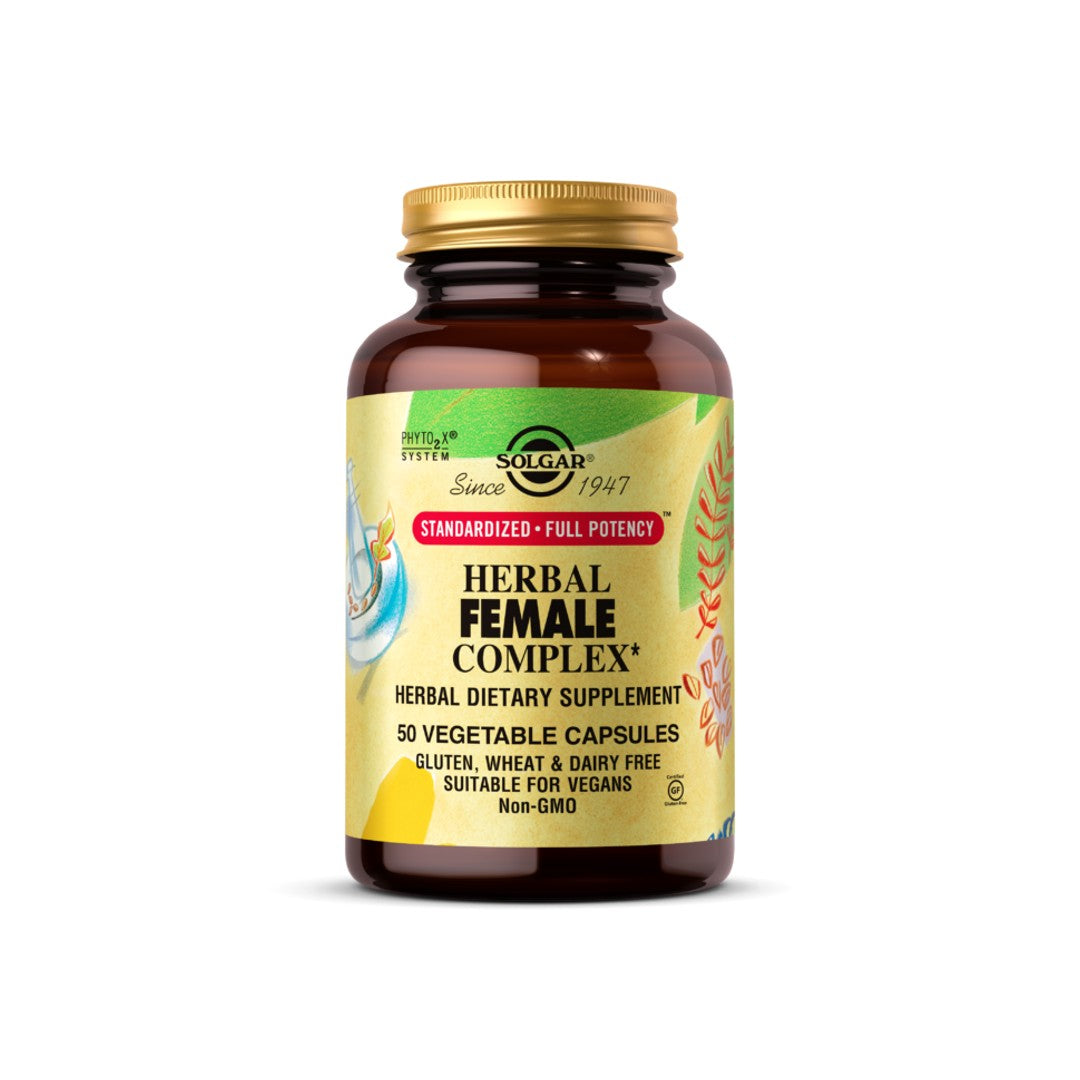 Un frasco de Solgar Complejo Herbal Femenino 50 cápsulas vegetales con vitamina c.