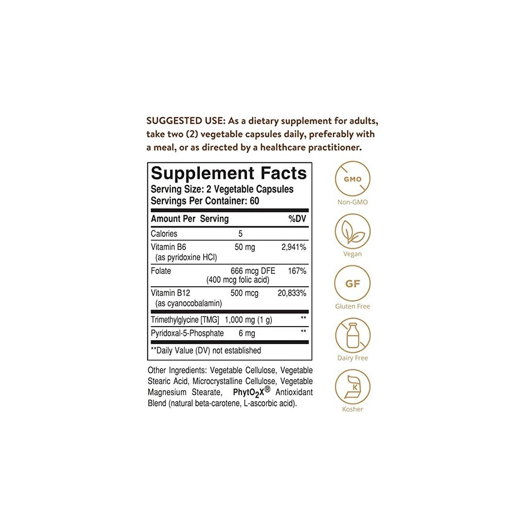 Etiqueta con los ingredientes de Solgar Moduladores de la homocisteína 120 cápsulas vegetales.