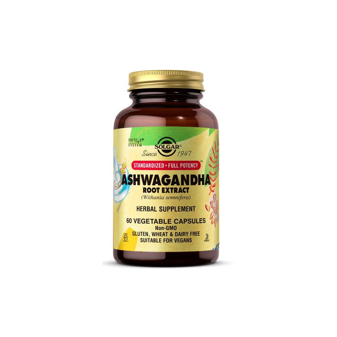 Un frasco de Solgar Ashwagandha 400 mg 60 cápsulas con vitamina c.