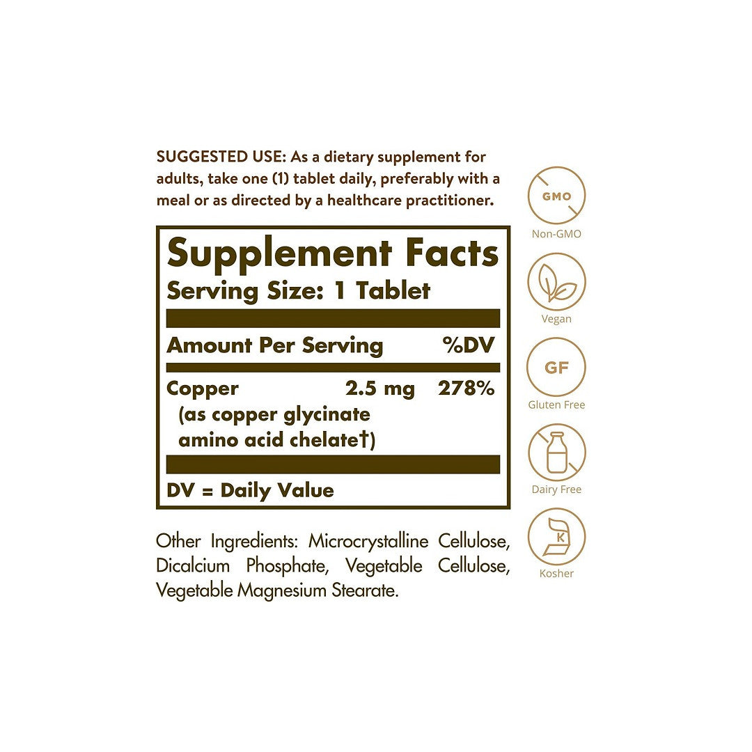 Etiqueta que muestra los ingredientes del suplemento Solgar's Chelated Copper 2,5 mg 100 Tablets.