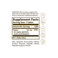 Miniatura de una etiqueta que muestra los ingredientes del suplemento Solgar's Chelated Copper 2,5 mg 100 Tablets.
