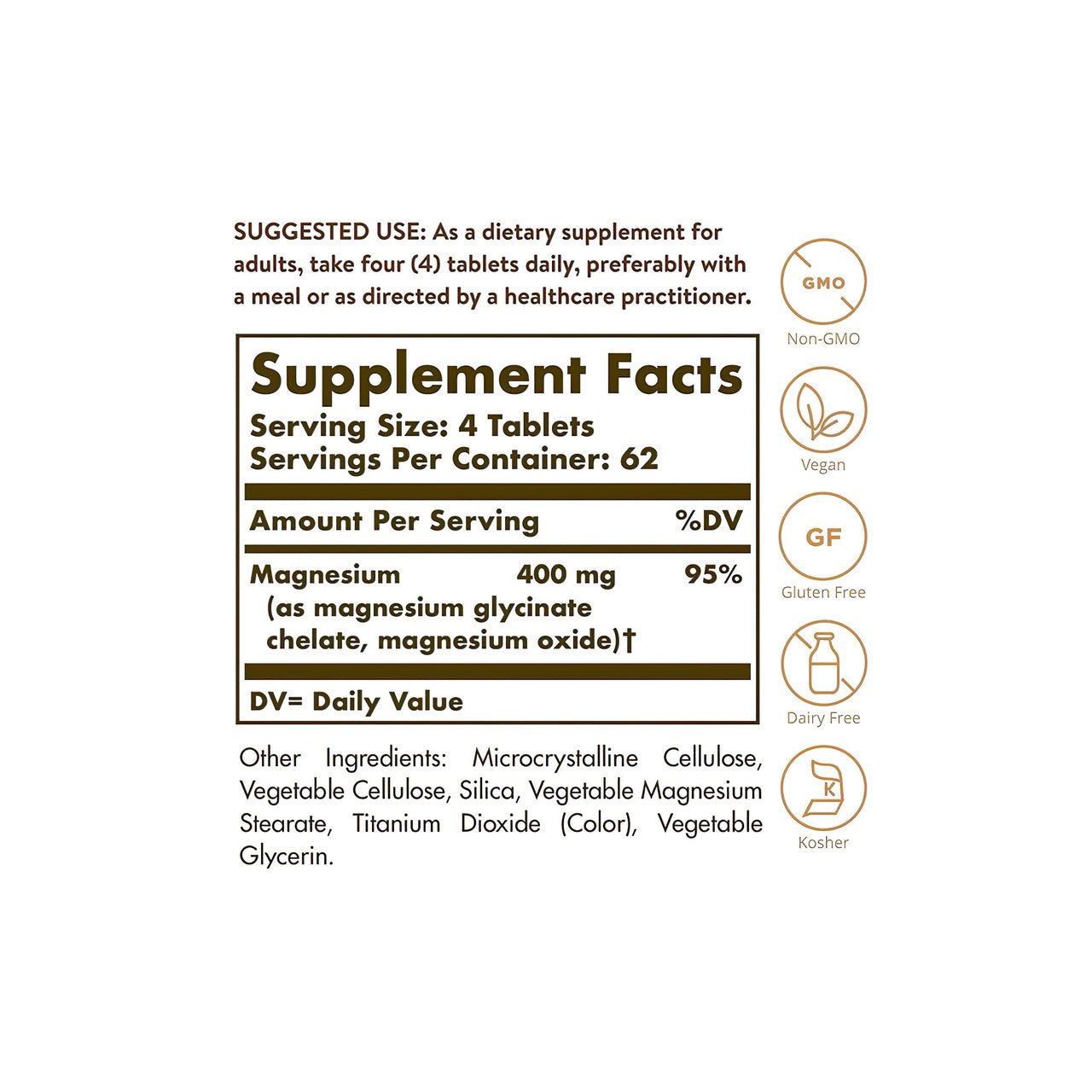 Etiqueta que muestra los ingredientes del suplemento Solgar's Chelated Magnesium 100 Tablets.