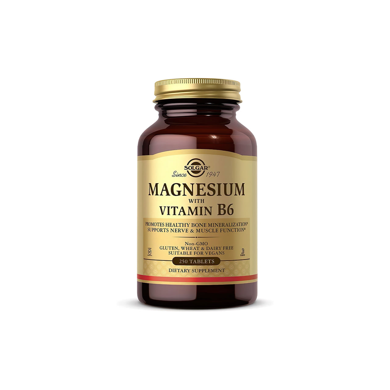Un frasco de Solgar Magnesio con Vitamina B6 250 Comprimidos sobre fondo blanco.
