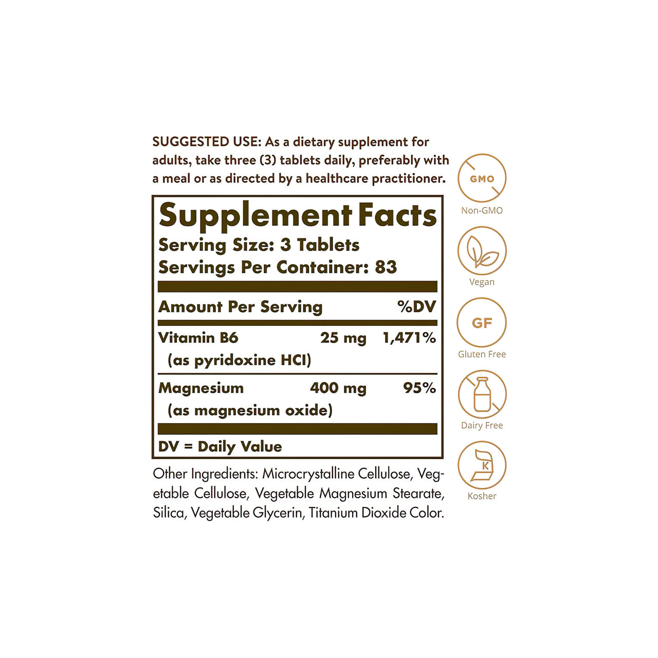 Etiqueta con los ingredientes de Solgar's Magnesio con Vitamina B6 250 Comprimidos.