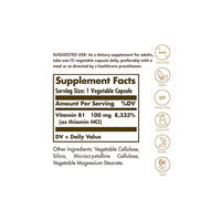 Thumbnail for A Solgar label showing the essential ingredients, including Vitamin B1 (Thiamin) 100 mg 100 Vegetable Capsules, for optimal mental and physical health.