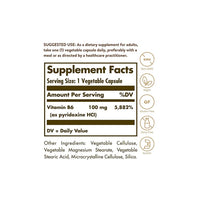 Thumbnail for A supplement label detailing the ingredients, including Solgar Vitamin B6 100 mg 100 vegetable capsules.