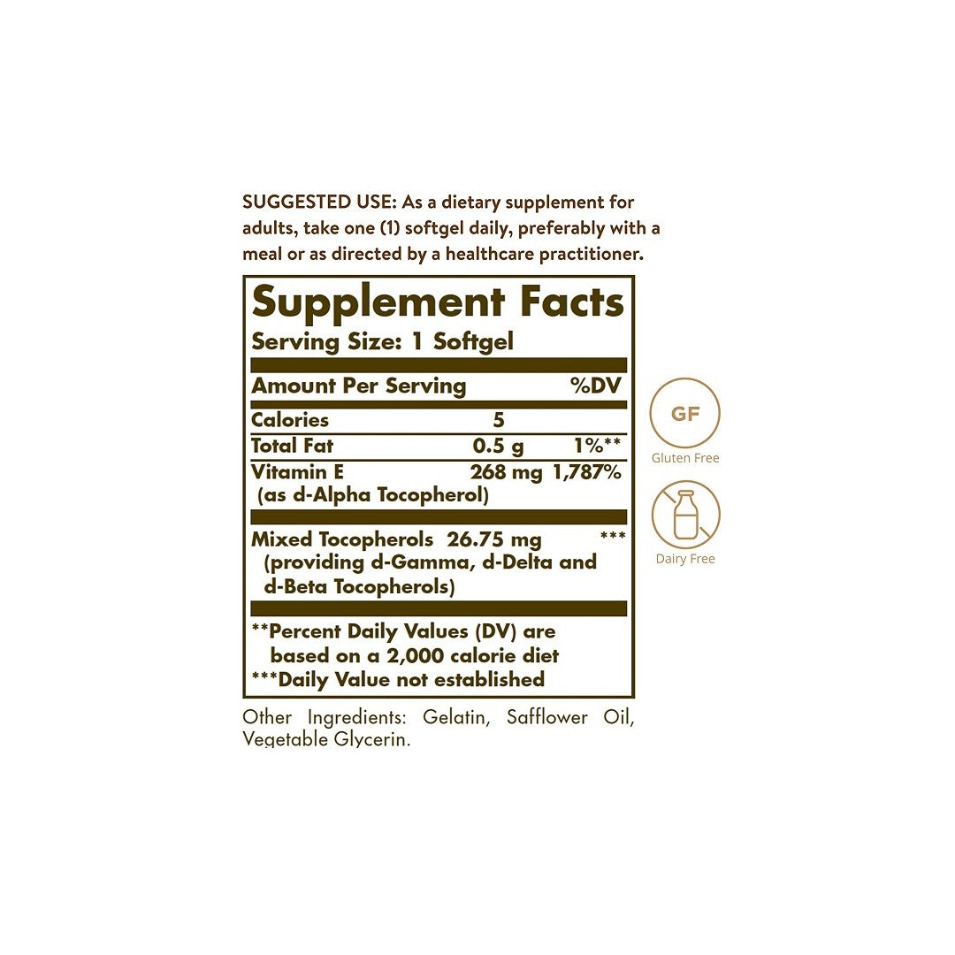 Etiqueta que muestra los ingredientes de un suplemento Solgar para la salud cardiovascular, con Vitamina E 268 mg (400 UI) 100 Cápsulas Blandas como apoyo antioxidante clave.