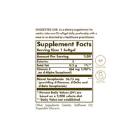 Miniatura de Una etiqueta que muestra los ingredientes de un suplemento Solgar para la salud cardiovascular, con Vitamina E 268 mg (400 UI) 100 Cápsulas Blandas como apoyo antioxidante clave.