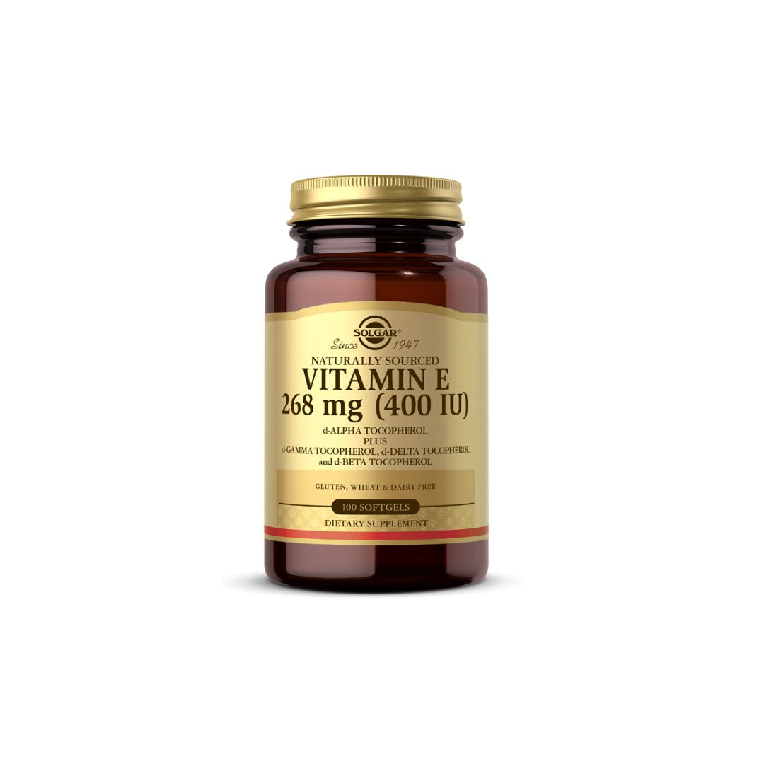 Un frasco de Solgar Vitamina E 268 mg (400 UI) 100 Cápsulas blandas, que proporciona apoyo antioxidante para la salud cardiovascular.