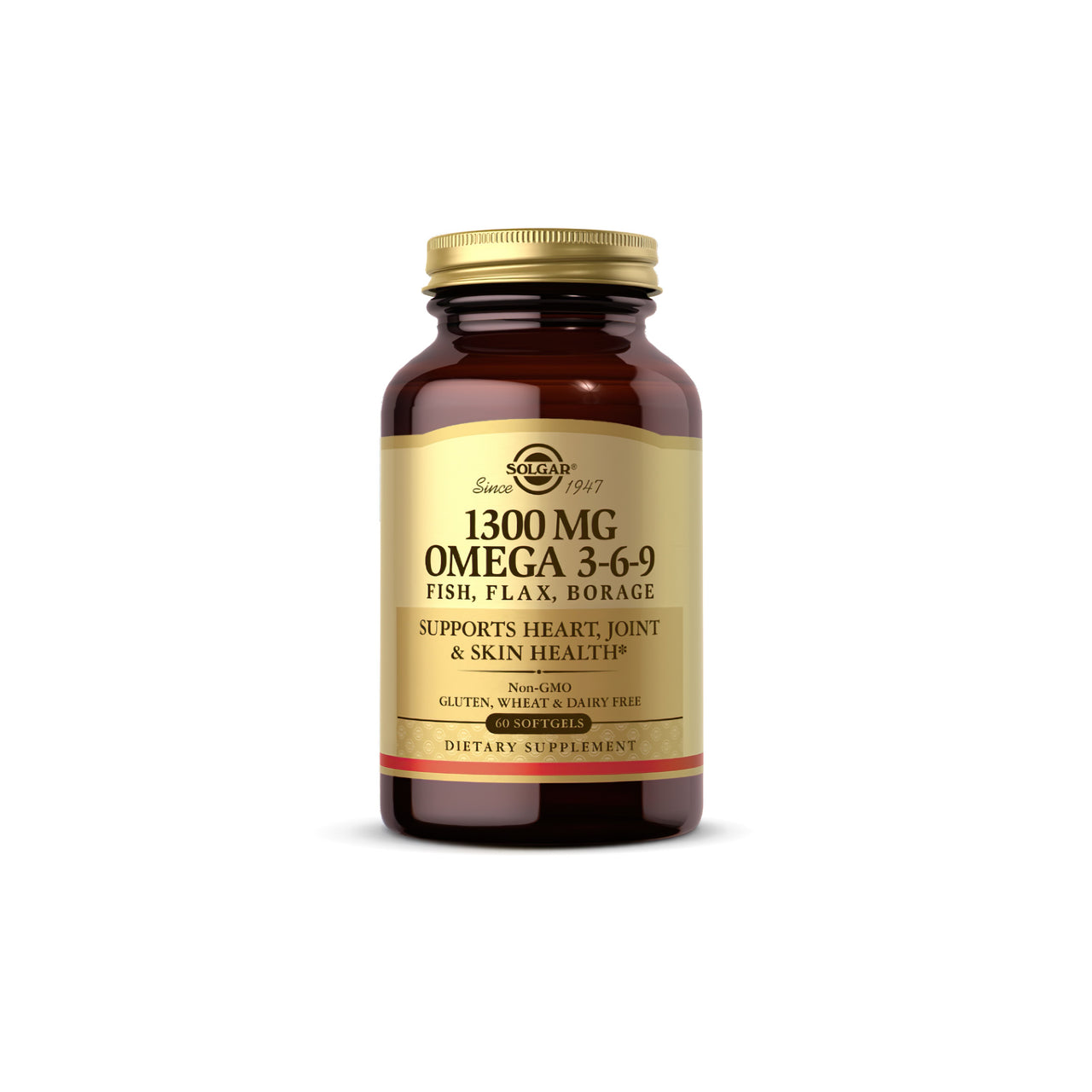 Un frasco de Solgar Omega 3-6-9 60 sgel, destilado molecularmente para garantizar su pureza y que contiene 1000 mg.