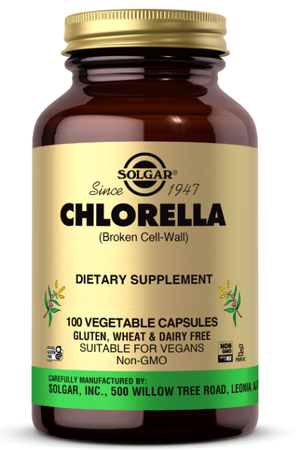 Un frasco de Chlorella 520 mg 100 Cápsulas Vegetales de Solgar.