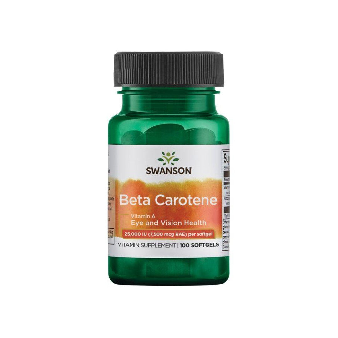 Una botella de suplemento dietético de Swanson's Beta-Caroteno - 25000 UI 100 cápsulas blandas de vitamina A.