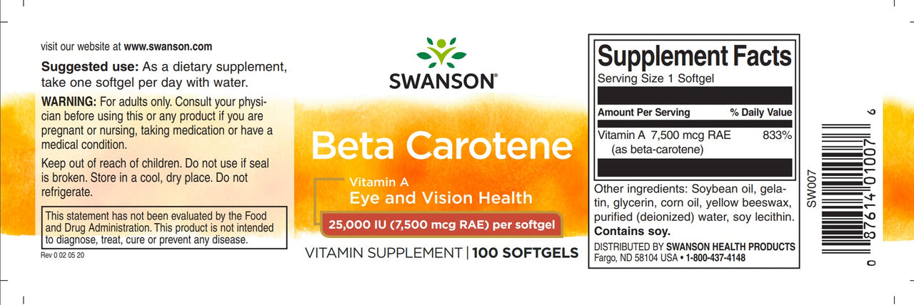 Swanson Betacaroteno - 25000 UI cápsulas blandas Etiqueta de suplemento dietético de vitamina A.