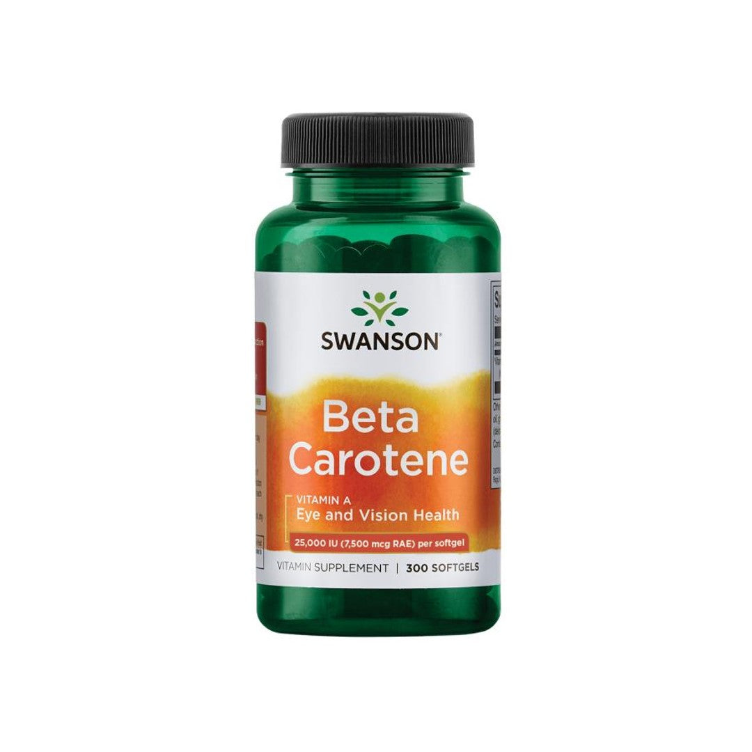 Swanson Beta-Caroteno es un suplemento dietético con 25000 UI de Vitamina A en cápsulas en un envase de 300 cápsulas blandas.