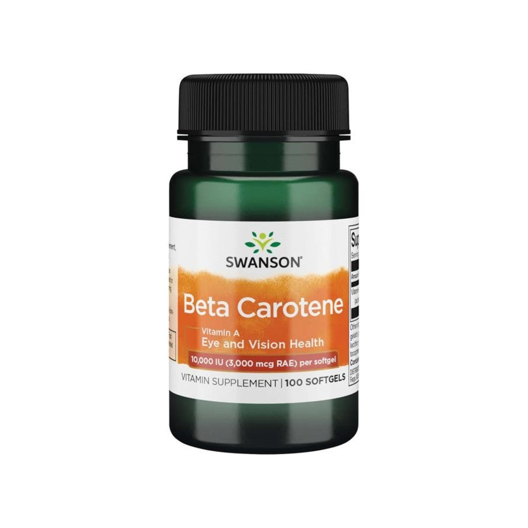 Un frasco de suplemento dietético de Swanson cápsulas blandas de betacaroteno, que aportan 10000 UI de vitamina A.
