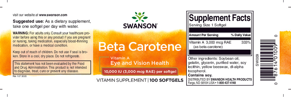 Una etiqueta de suplemento dietético para Swanson Beta-Carotene - 10000 IU 100 softgels Vitamin A.