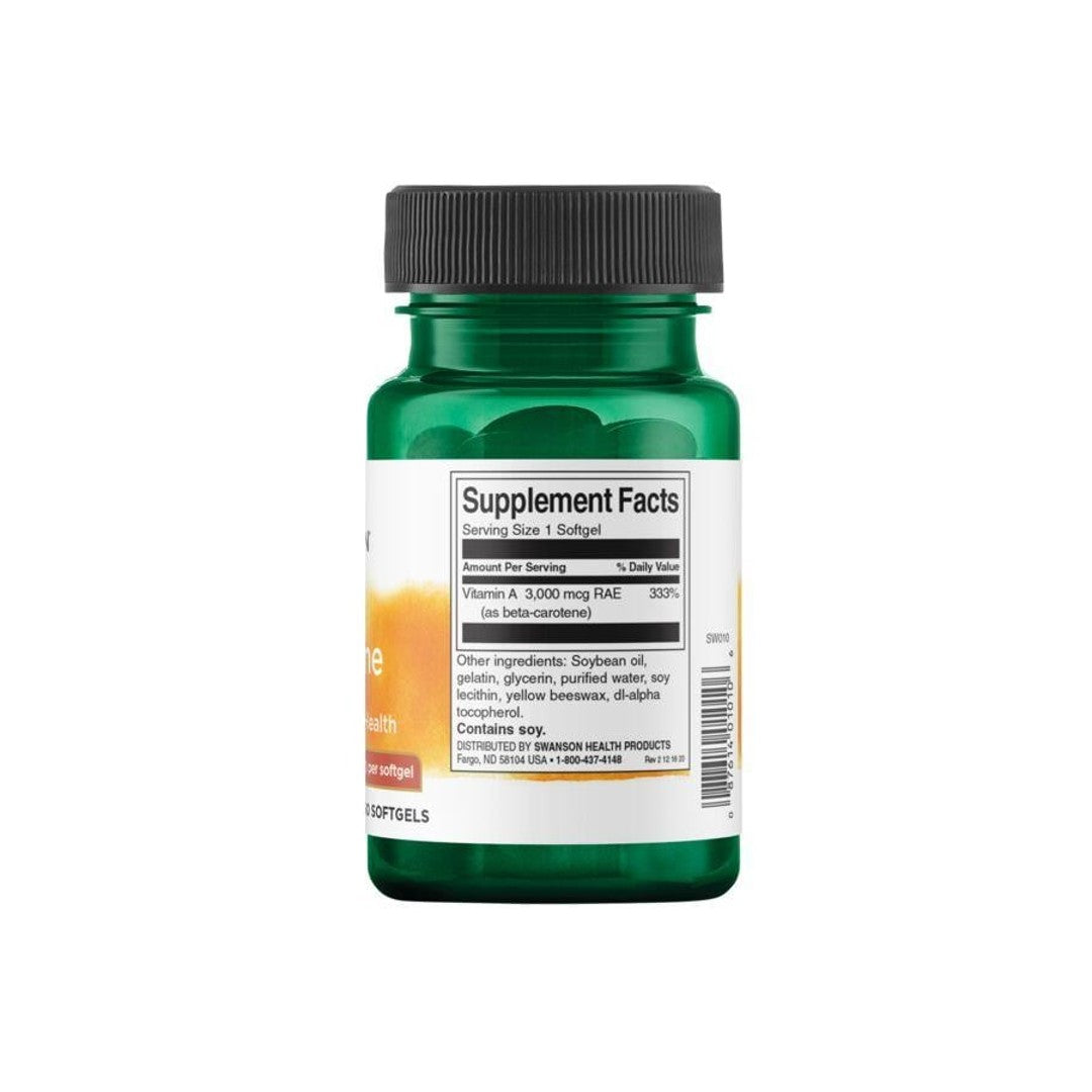 Una botella de Swanson Beta-Carotene - 10000 IU 250 softgels de suplemento dietético en un fondo blanco.