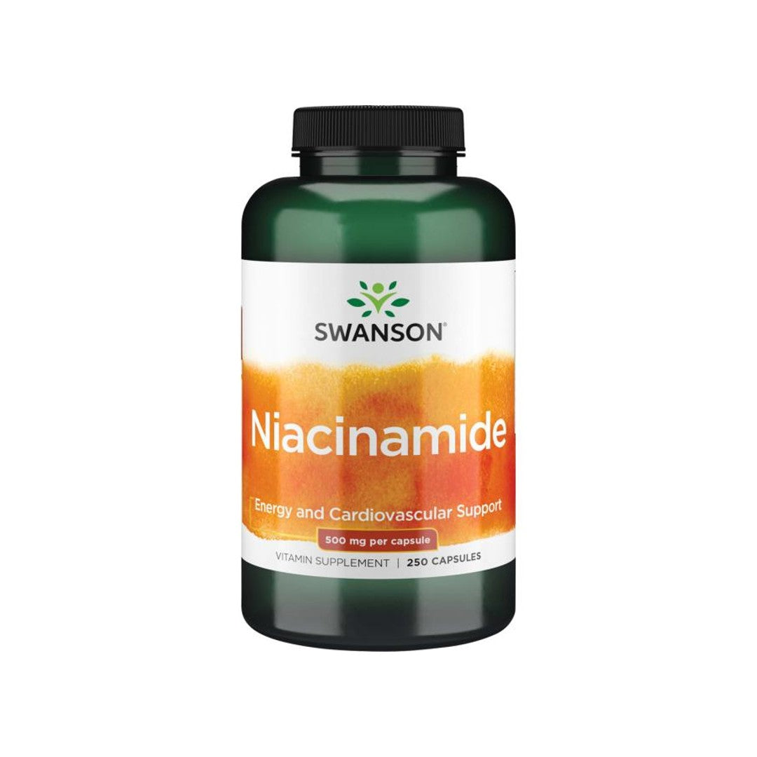 A bottle of Swanson's Vitamin B-3 Niacinamide - 500 mg 250 capsules, promoting cardiovascular health and supporting carbohydrate metabolism.