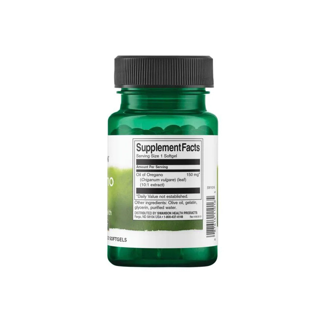 Una botella de Aceite de Orégano con etiqueta verde, que favorece la salud del sistema inmunitario. (Marca: Swanson)