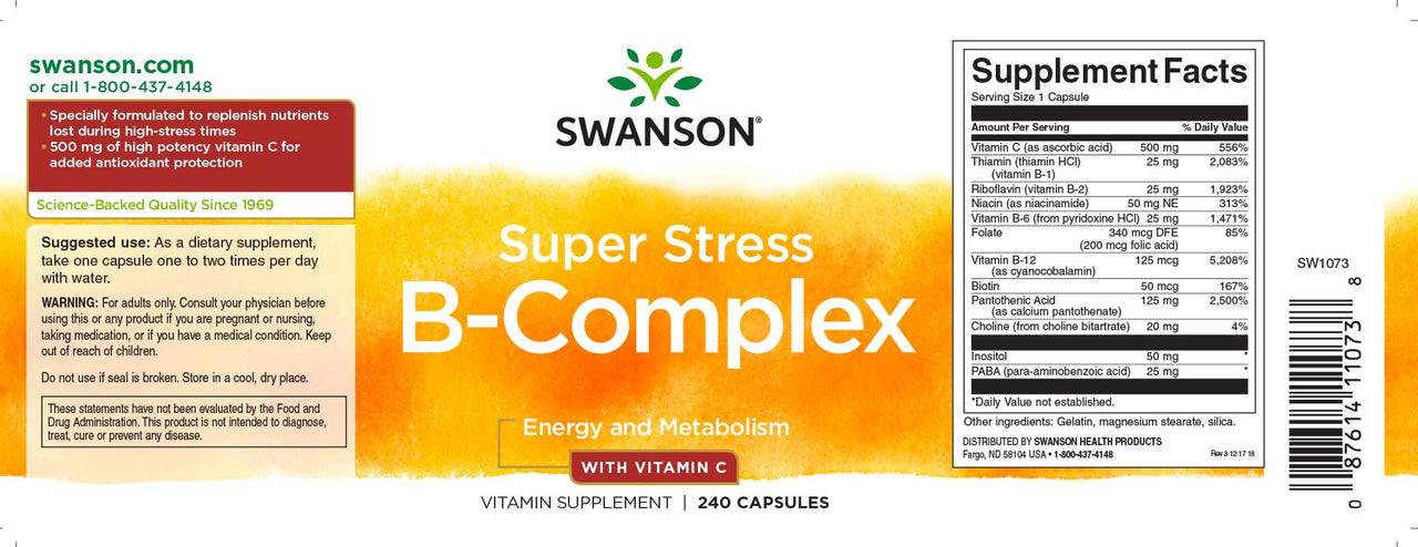 Swanson Complejo B con Vitamina C - 500 mg 240 cápsulas.