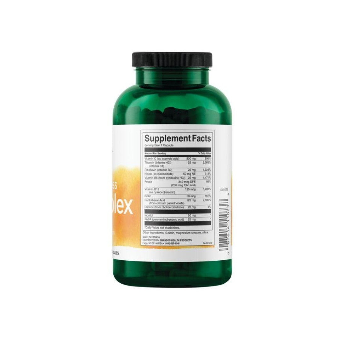 Un frasco de B-Complex con Vitamina C - 500 mg 240 cápsulas de Swanson sobre fondo blanco.