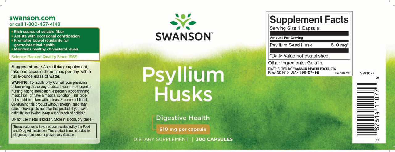 La etiqueta de Swanson Cáscaras de Psilio - 610 mg 300 cápsulas proporciona información importante sobre su alto contenido en fibra soluble, que lo convierte en un remedio eficaz contra el estreñimiento. Además, la inclusión en el producto de palabras clave como "Cáscaras de Psilio - 610 mg 300 cápsulas" de Swanson.