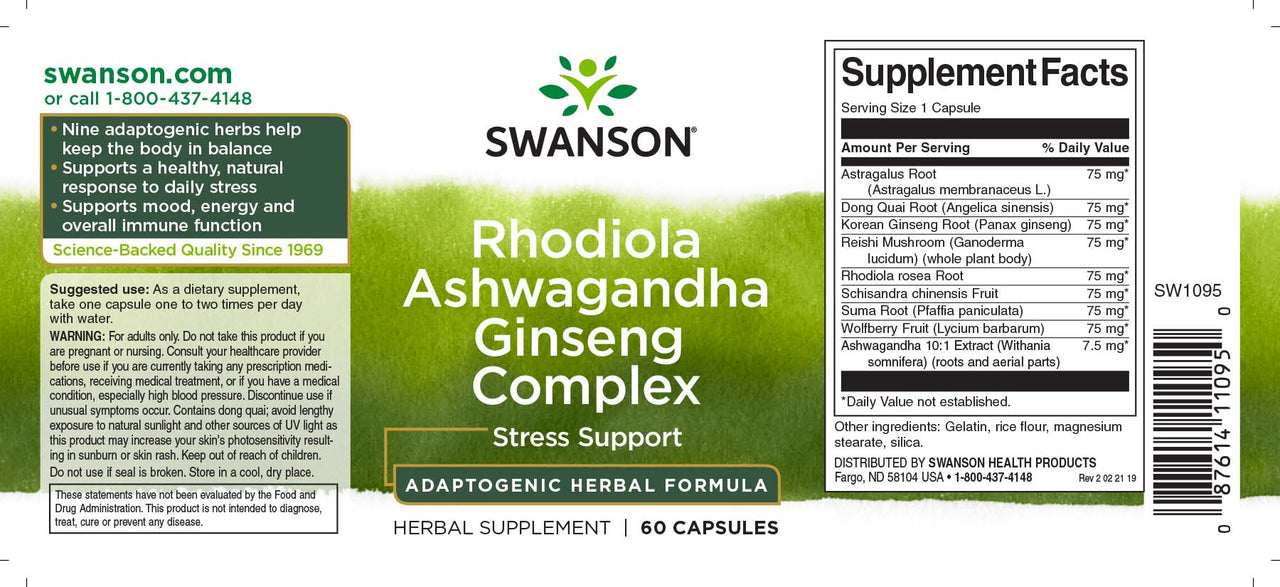 Swanson Complejo Adaptogénico Rhodiola, Ashwagandha y Ginseng - 60 cápsulas.
