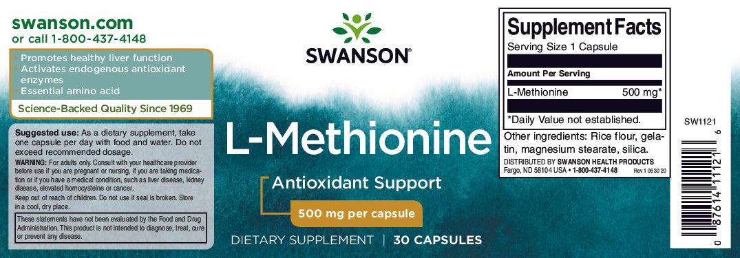 L-Metionina - 500 mg 30 cápsulas - etiqueta