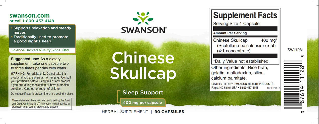 Una etiqueta verde y blanca para Chinese Skullcap - 400 mg 90 cápsulas por Swanson.