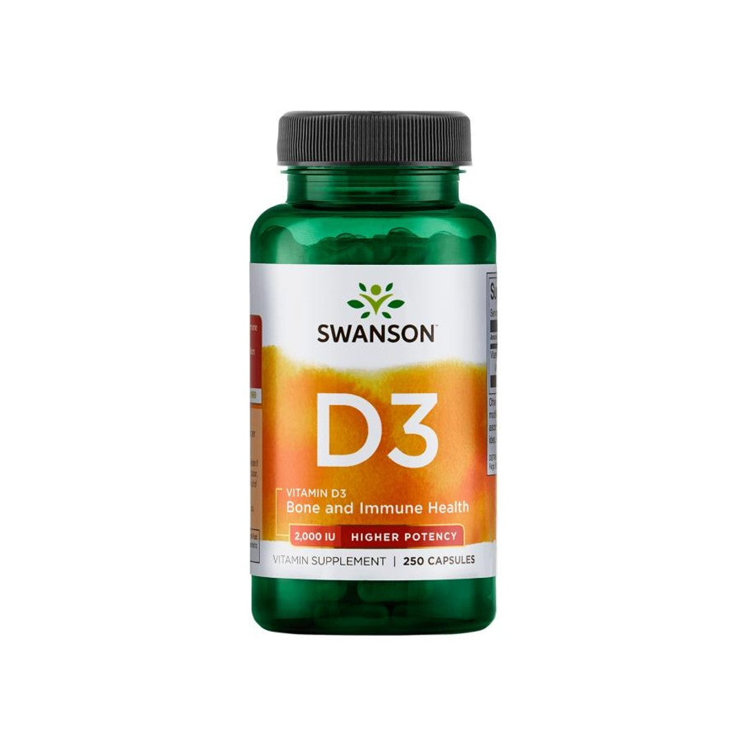 Un frasco de Swanson Vitamina D3 - 2000 UI 250 cápsulas, que promueve el bienestar inmunitario y favorece la absorción del calcio para la salud ósea.