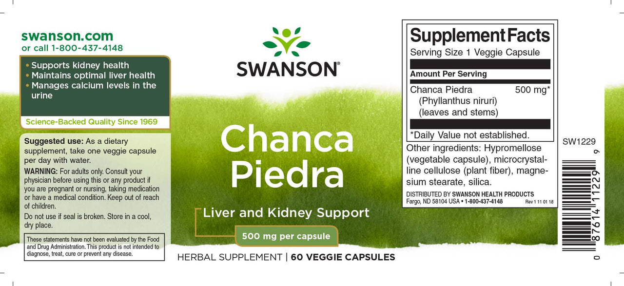 Swanson Chanca Piedra - 500 mg 60 cápsulas vegetales etiqueta del suplemento.