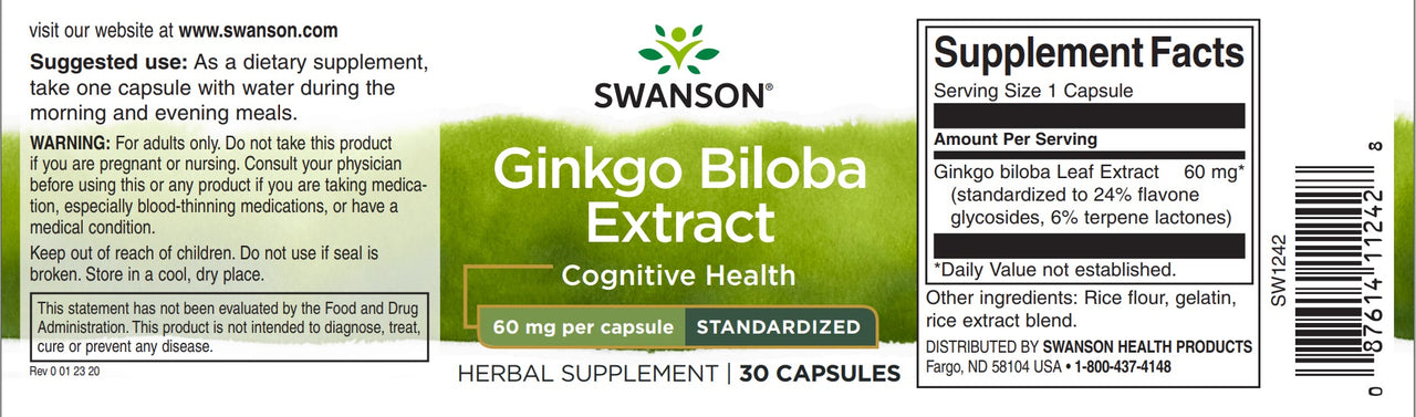 Swanson Etiqueta Extracto de Ginkgo Biloba 24% - 60 mg 30 cápsulas.