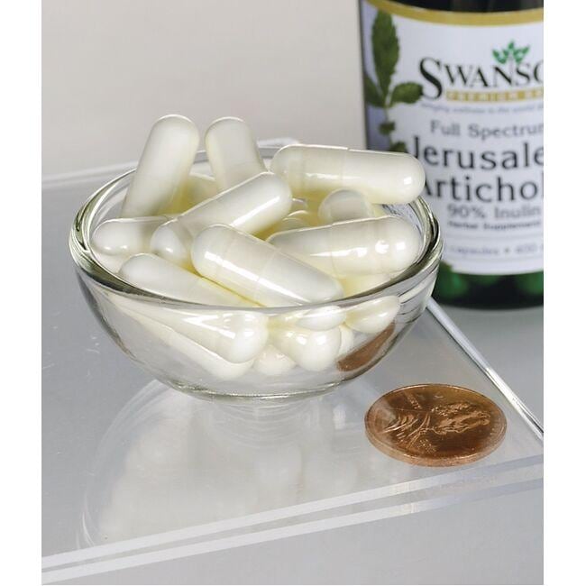 Un cuenco con Swanson's Prebiótico Alcachofa de Jerusalén - 400 mg 60 cápsulas, un suplemento a base de plantas para la salud digestiva.