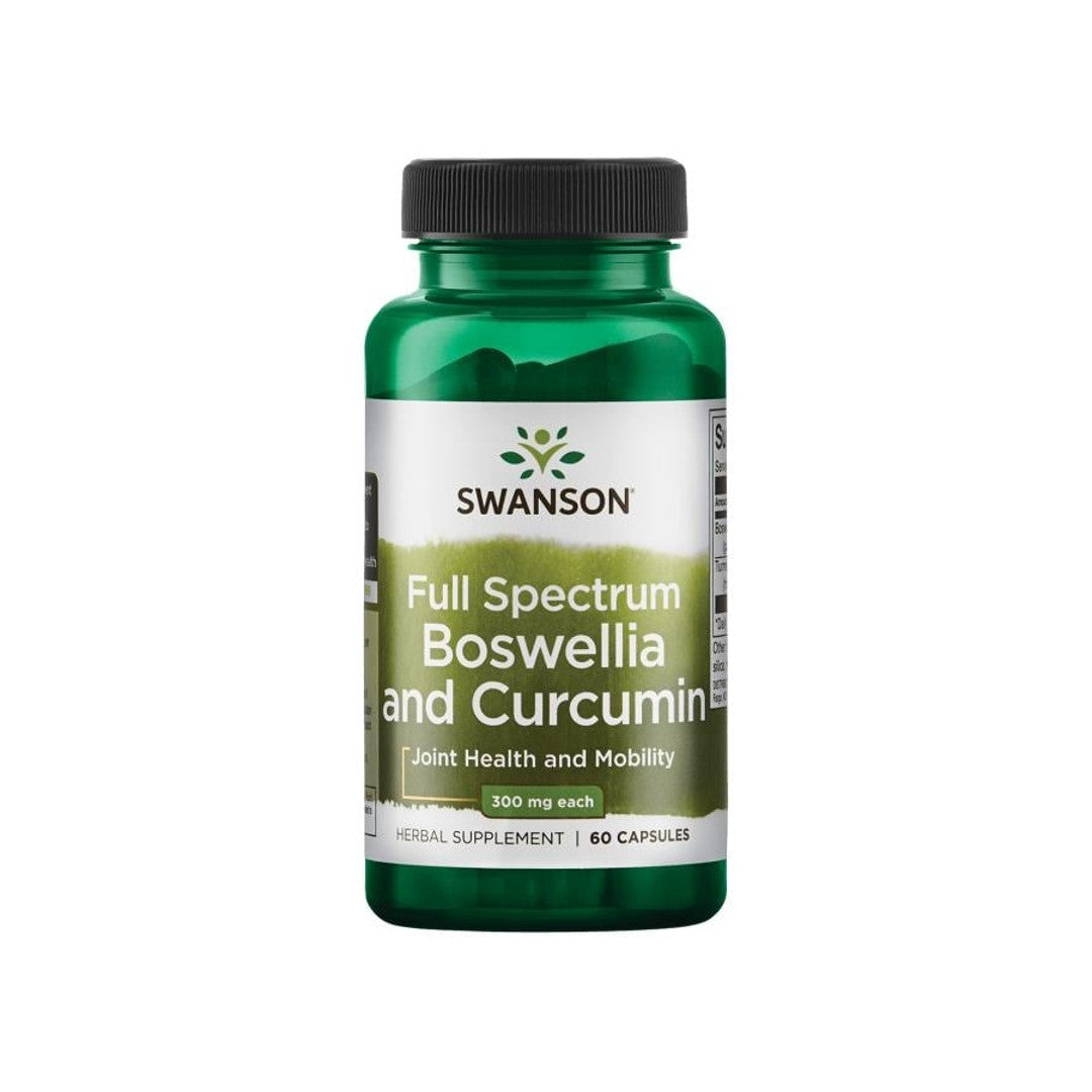 Swanson Boswellia y Curcumina es un suplemento dietético de espectro completo disponible en 60 cápsulas.