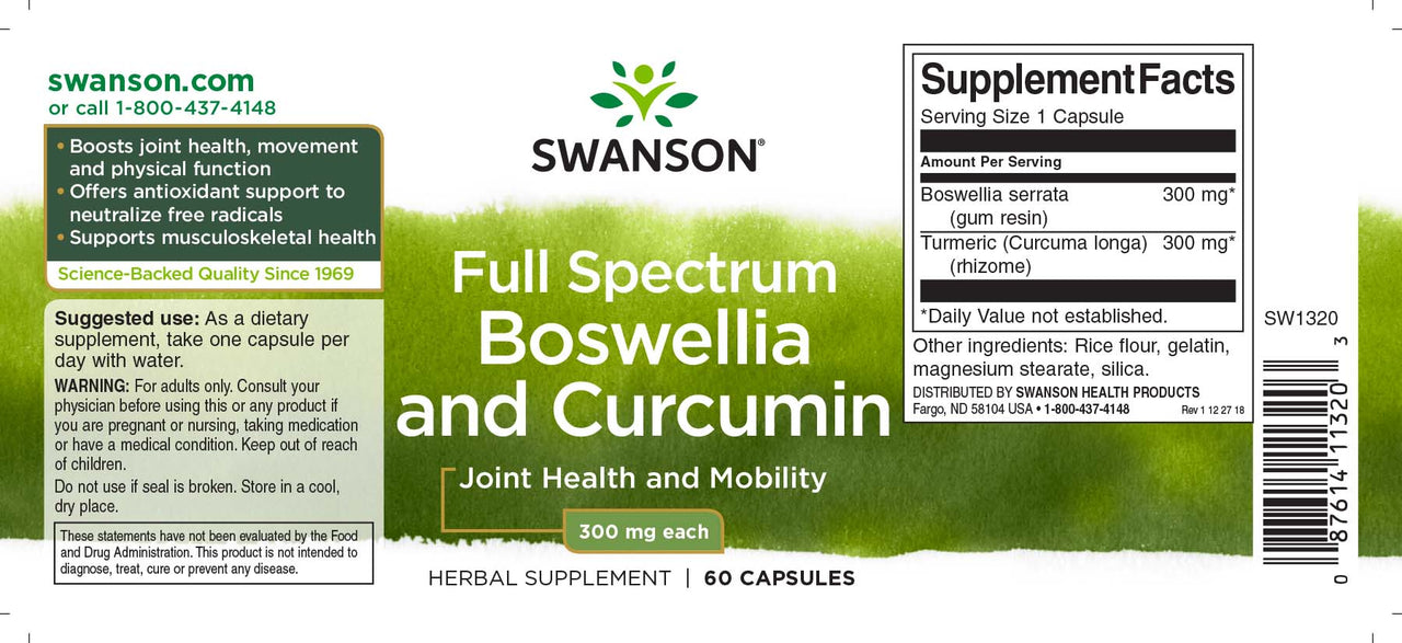 Swanson Boswellia y Curcumina - un suplemento dietético en 60 cápsulas.
