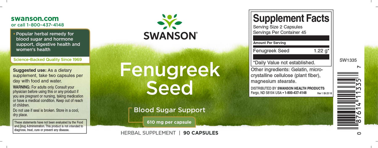 Etiqueta de Swanson Semillas de Alholva - 610 mg 90 cápsulas.