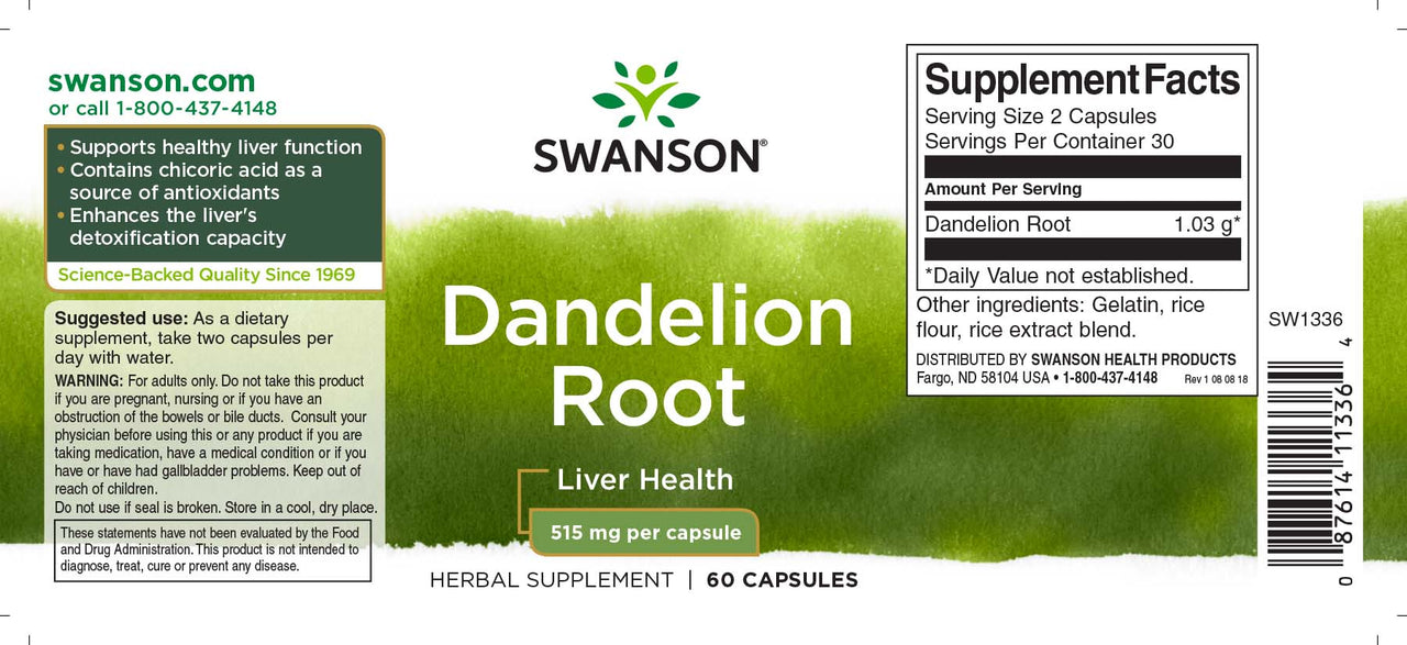 Etiqueta de Swanson Diente de León Raíz - 515 mg 60 cápsulas.