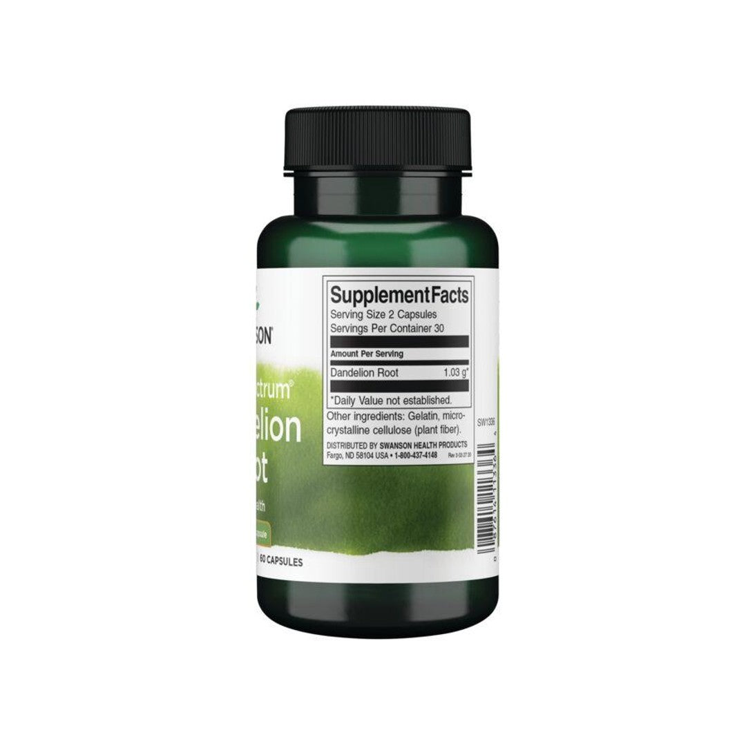 Un frasco de Swanson Diente de León Raíz - 515 mg 60 cápsulas con extracto de té verde.