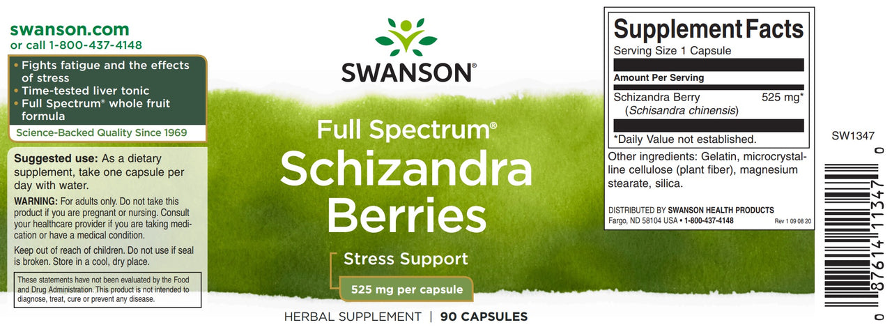 Swanson Bayas de Schizandra - 525 mg 90 cápsulas, un potente adaptógeno y tónico hepático.