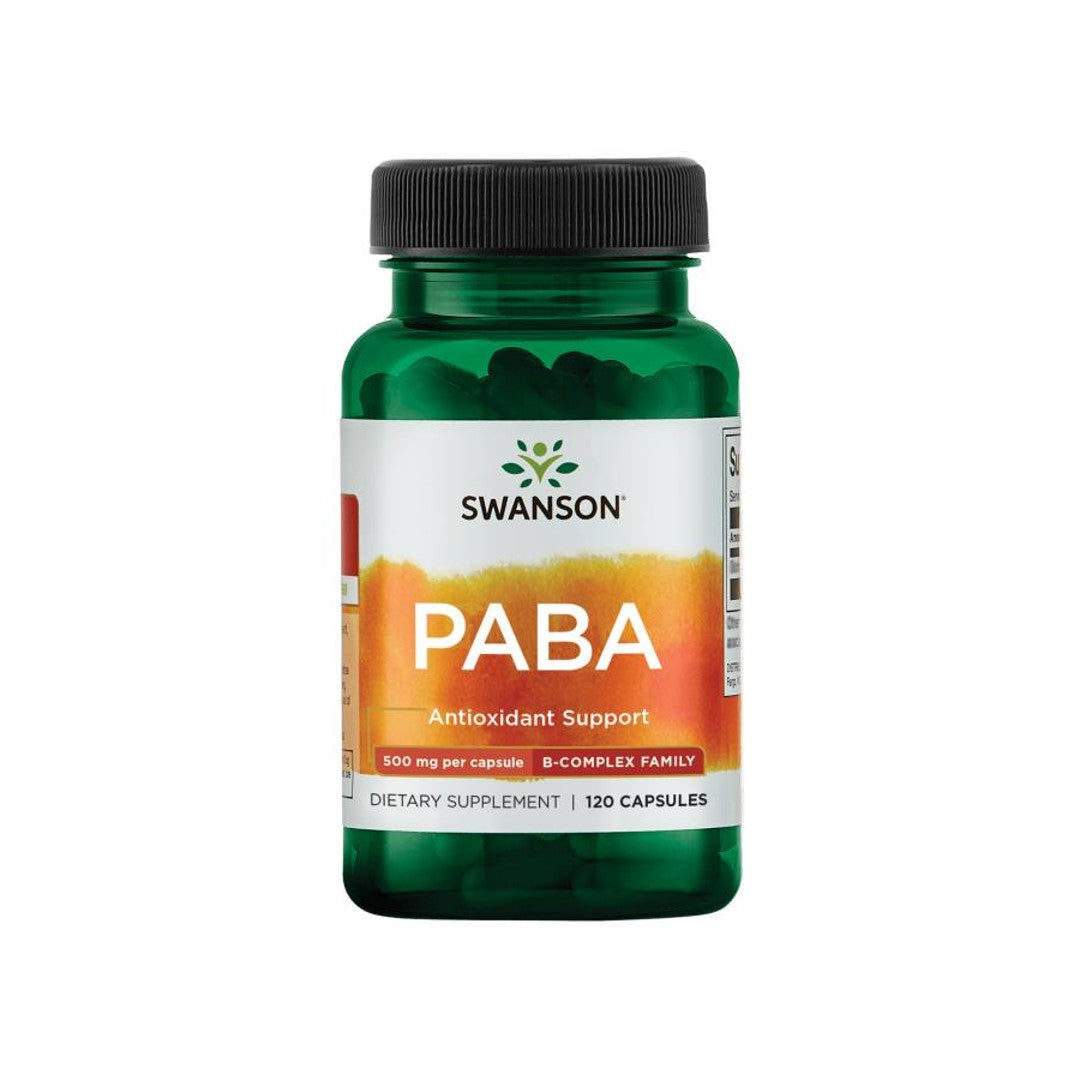 Un frasco de Swanson PABA - 500 mg 120 cápsulas, conocido por sus efectos beneficiosos sobre la formación de glóbulos rojos y la salud de la piel.