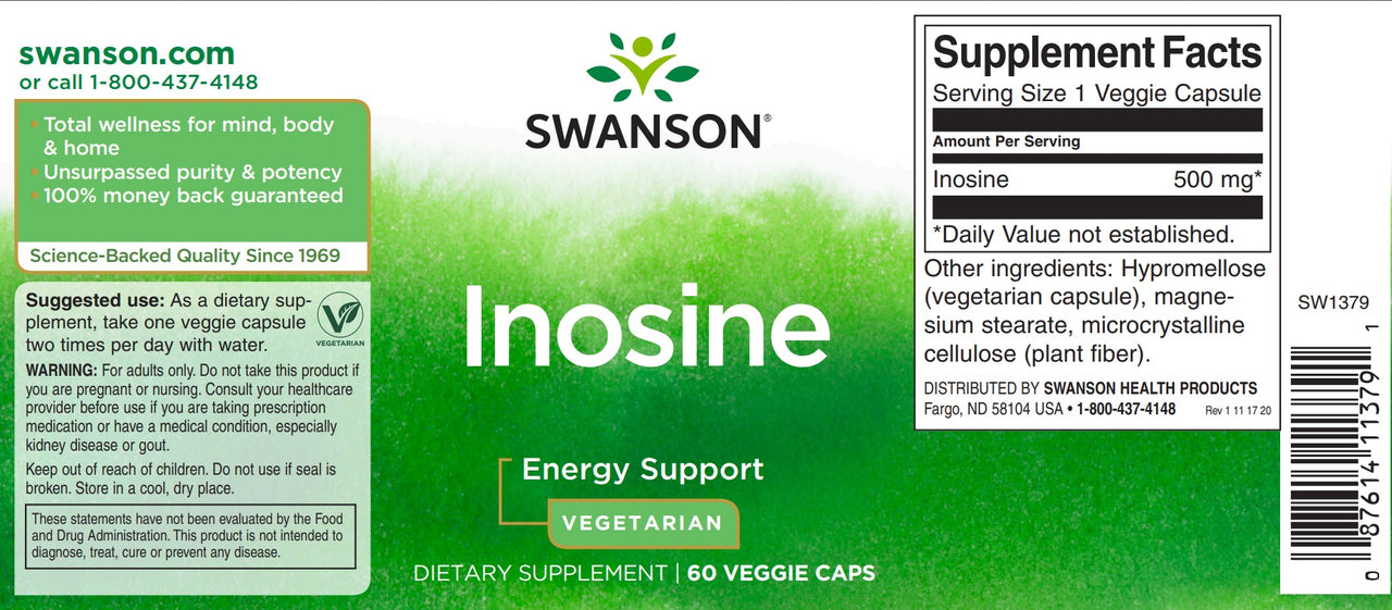 La etiqueta de Swanson Inosina - 500 mg 60 cápsulas vegetales.
