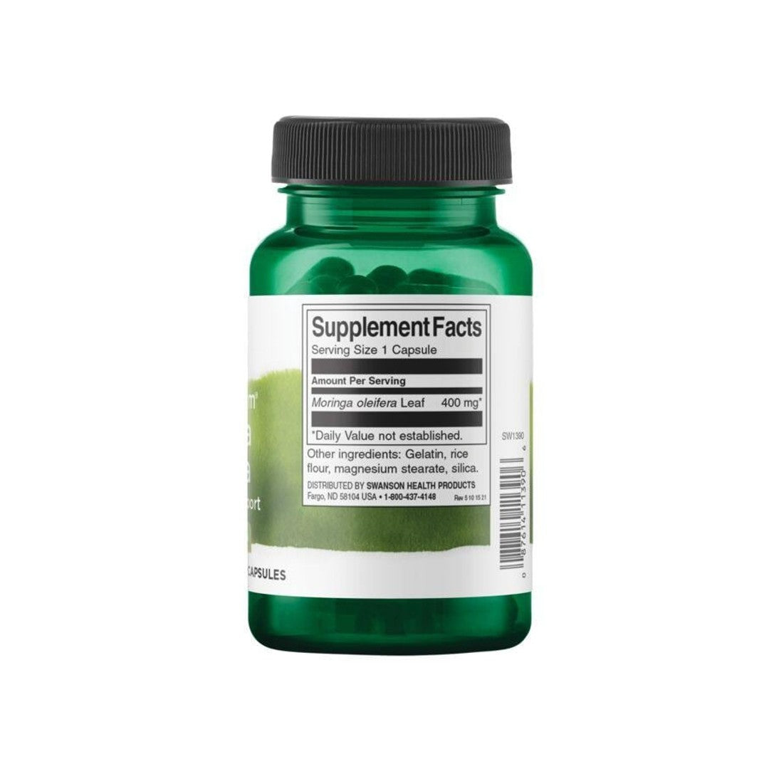 Un frasco de Swanson Moringa Oleifera - 400 mg 60 cápsulas sobre fondo blanco.