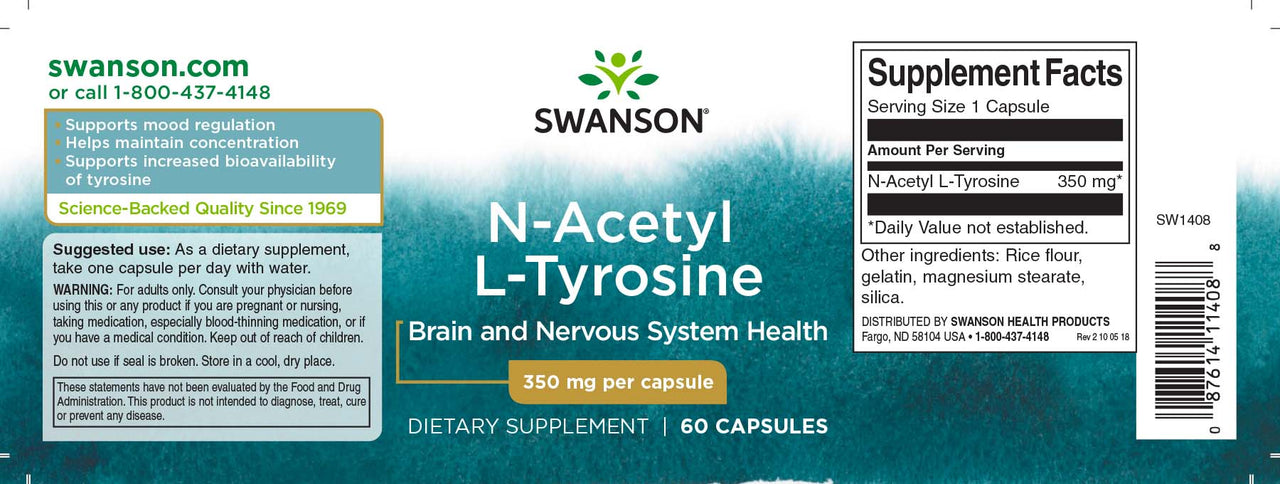 Swanson N-Acetil L-Tirosina - 350 mg 60 cápsulas es un suplemento dietético que favorece una mejor absorción y concentración, al tiempo que contribuye a regular el estado de ánimo.