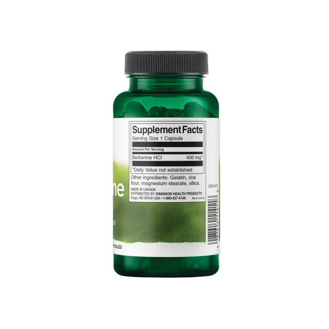 Frasco de suplemento dietético de Swanson Berberine - 400 mg 60 cápsulas sobre fondo blanco.