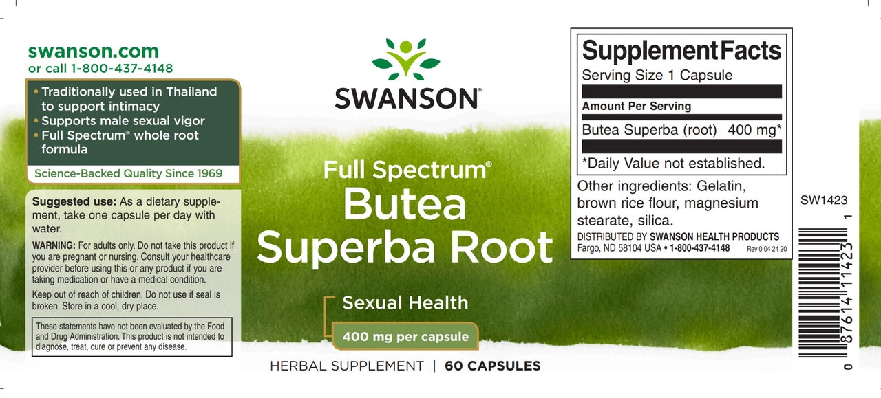 La etiqueta del suplemento dietético para Swanson's Butea Superba Root - 400 mg 60 cápsulas.