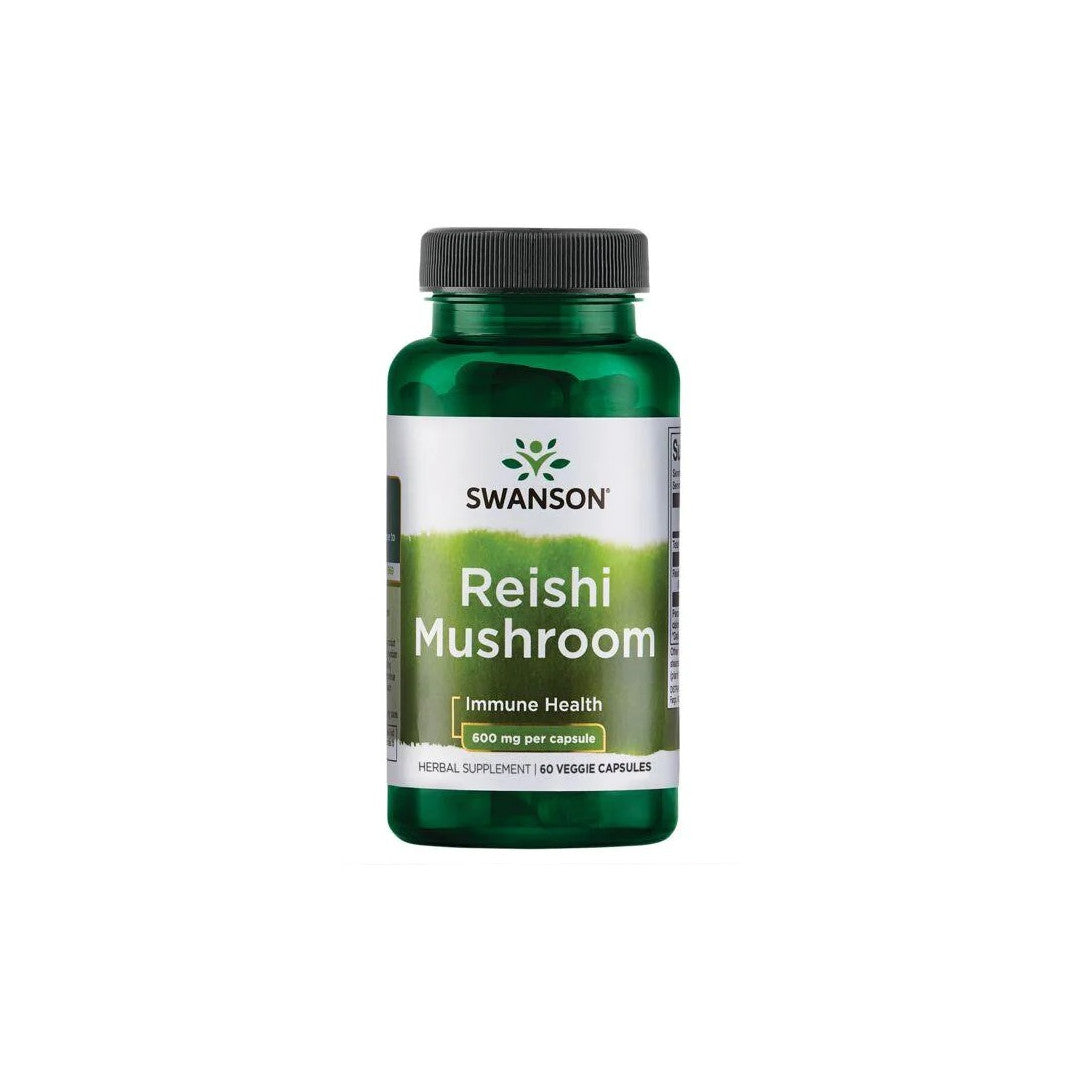 Un frasco de Swanson's Reishi Mushroom 600 mg 60 Veggie Capsules, conocido por sus beneficios para la salud inmunitaria y sus propiedades antioxidantes.